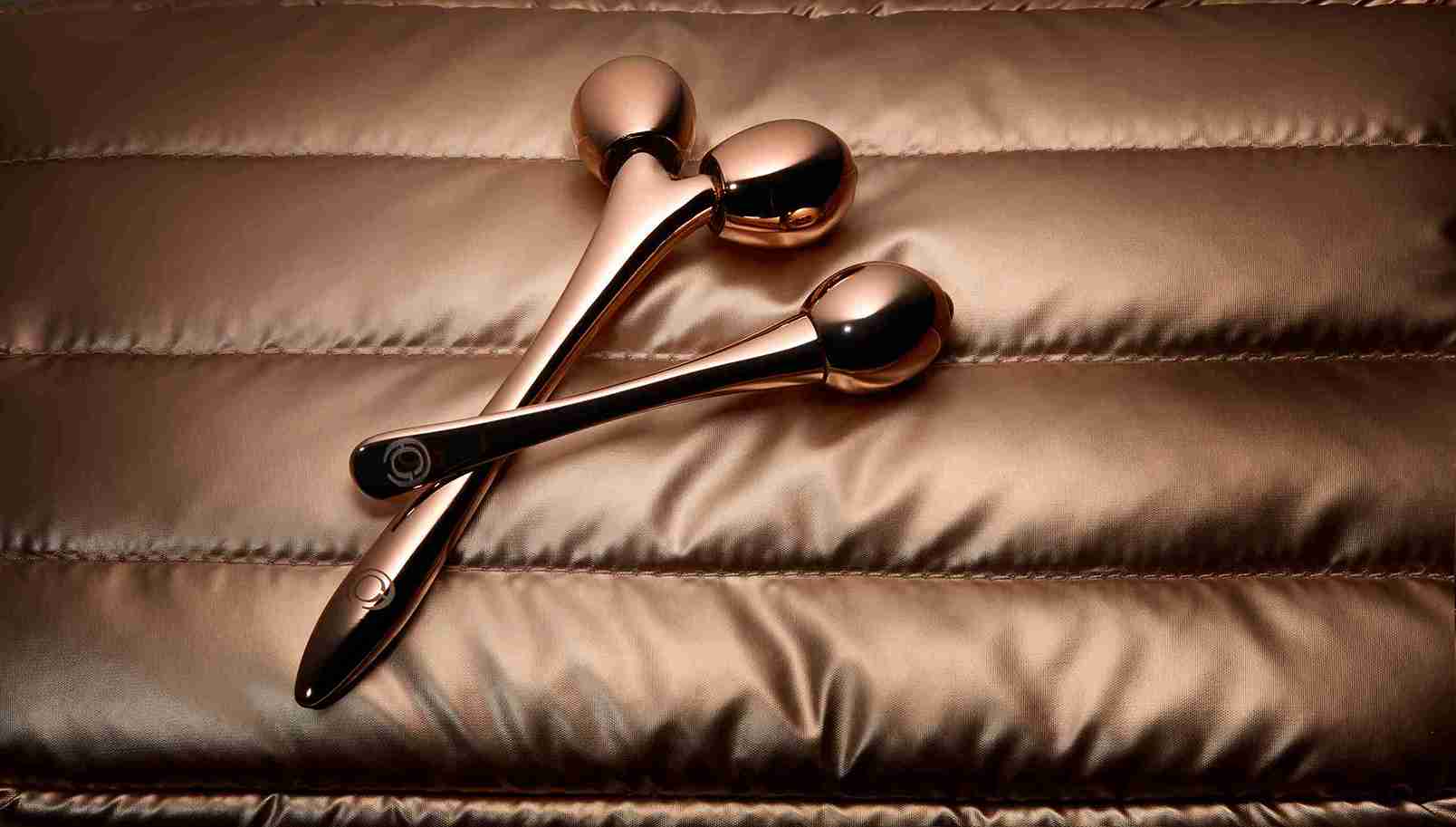 Luxury facial massage accessories in copper-toned metal, placed on bronze satin fabric
